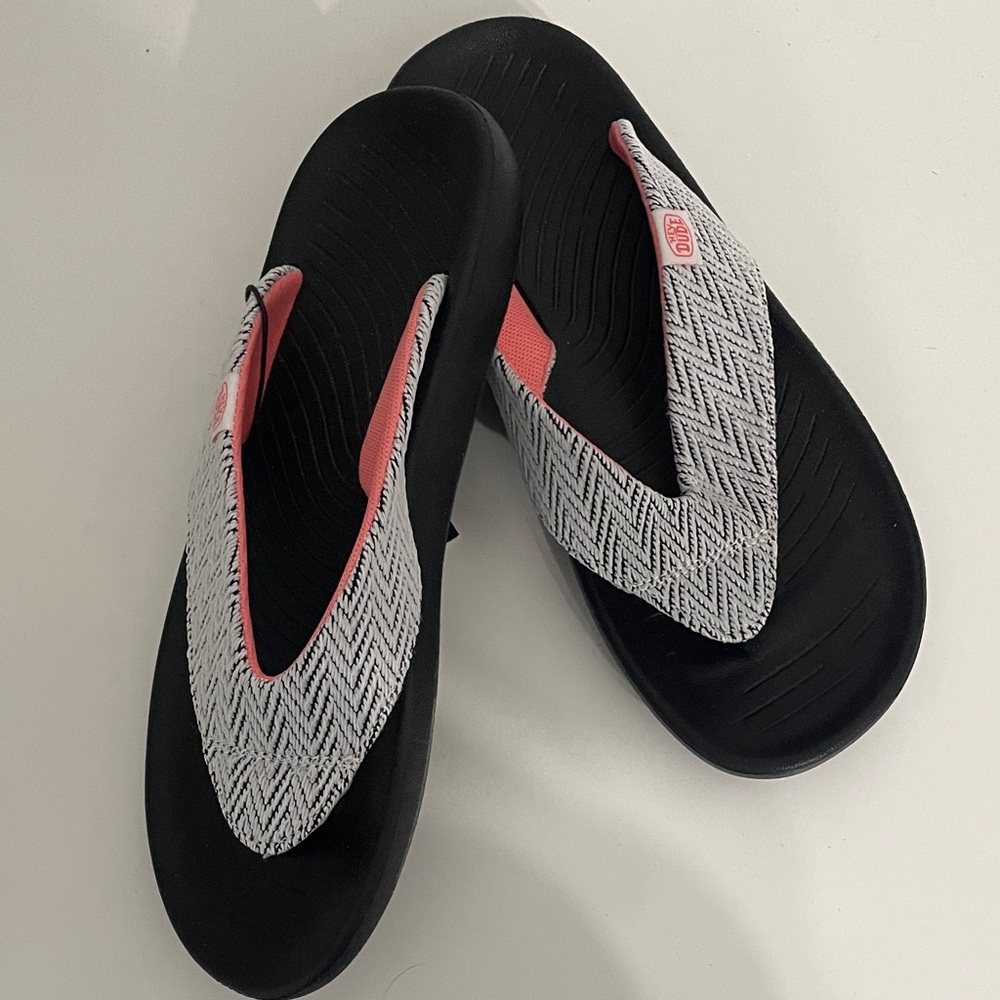 Hey Dude Black and Gray Flip Flops with Pink Accents